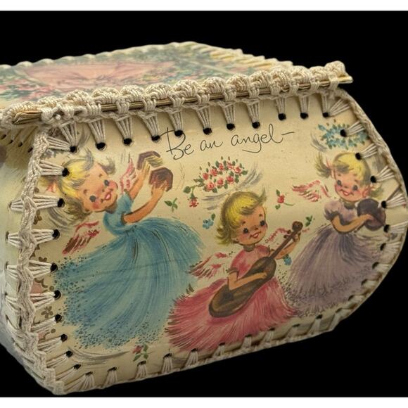 Vintage Handmade Stitched Ephemera Greeting Card Trinket Box Laminated Crochet - Picture 5 of 13